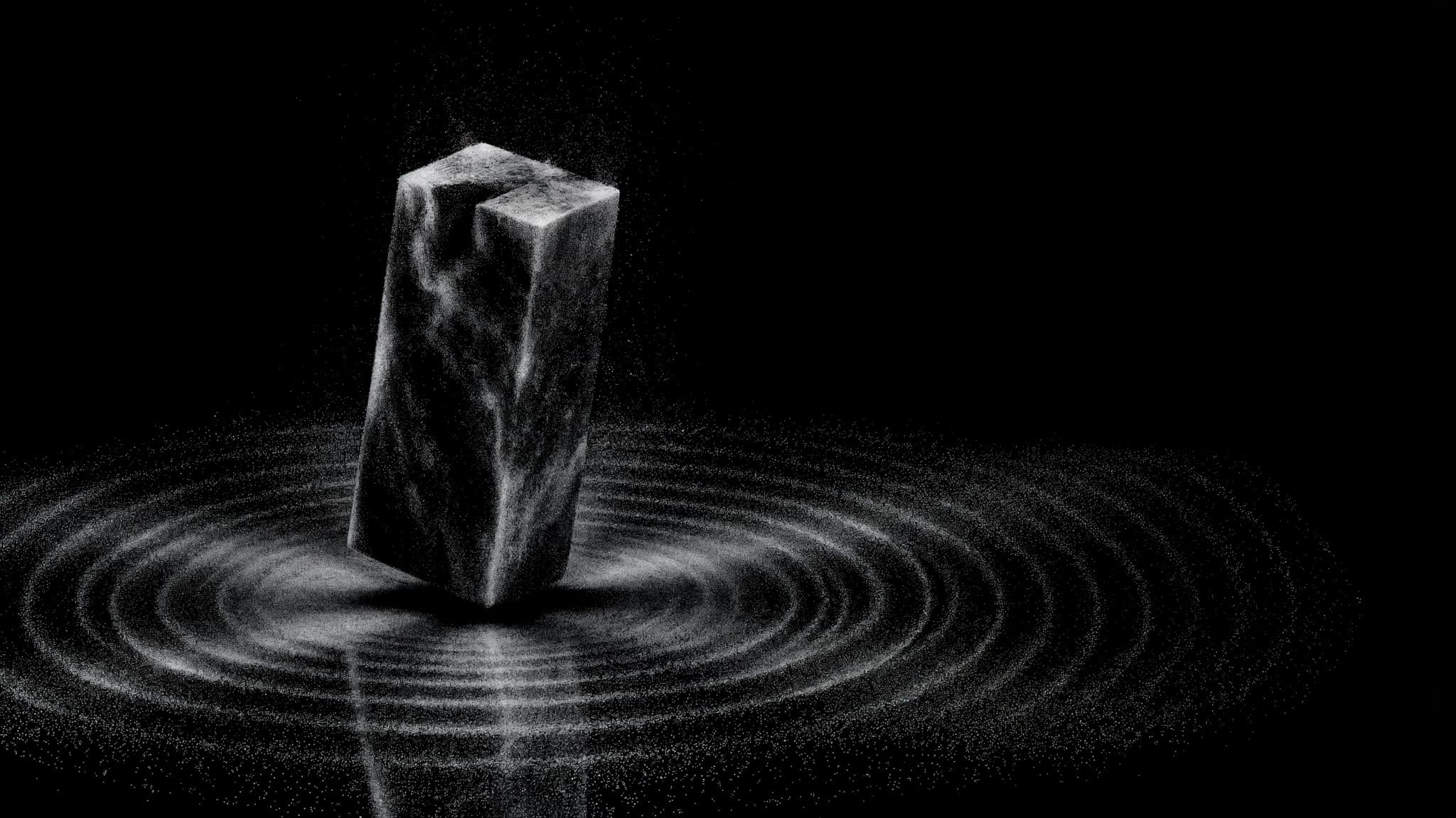 Abstract monolith surrounded by rippling particles